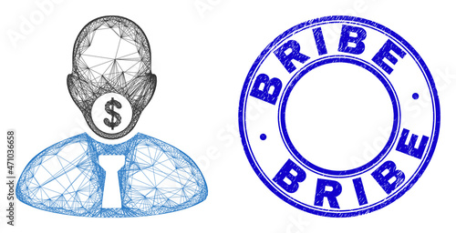 Wire frame irregular mesh hush money icon, and Bribe scratched round seal imitation. Abstract lines form hush money object. Blue seal contains Bribe text inside round form. photo