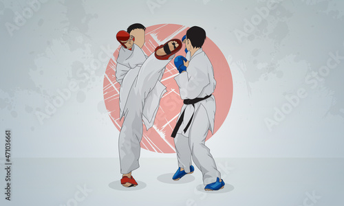 Training of two fighters in karate martial arts. Abstract gray background.