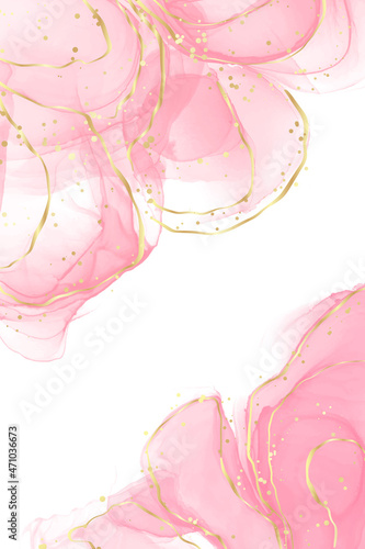 Pastel rose pink liquid watercolor background with golden cracks. Blush marble alcohol ink drawing effect. Vector illustration design template for wedding invitation, menu, rsvp