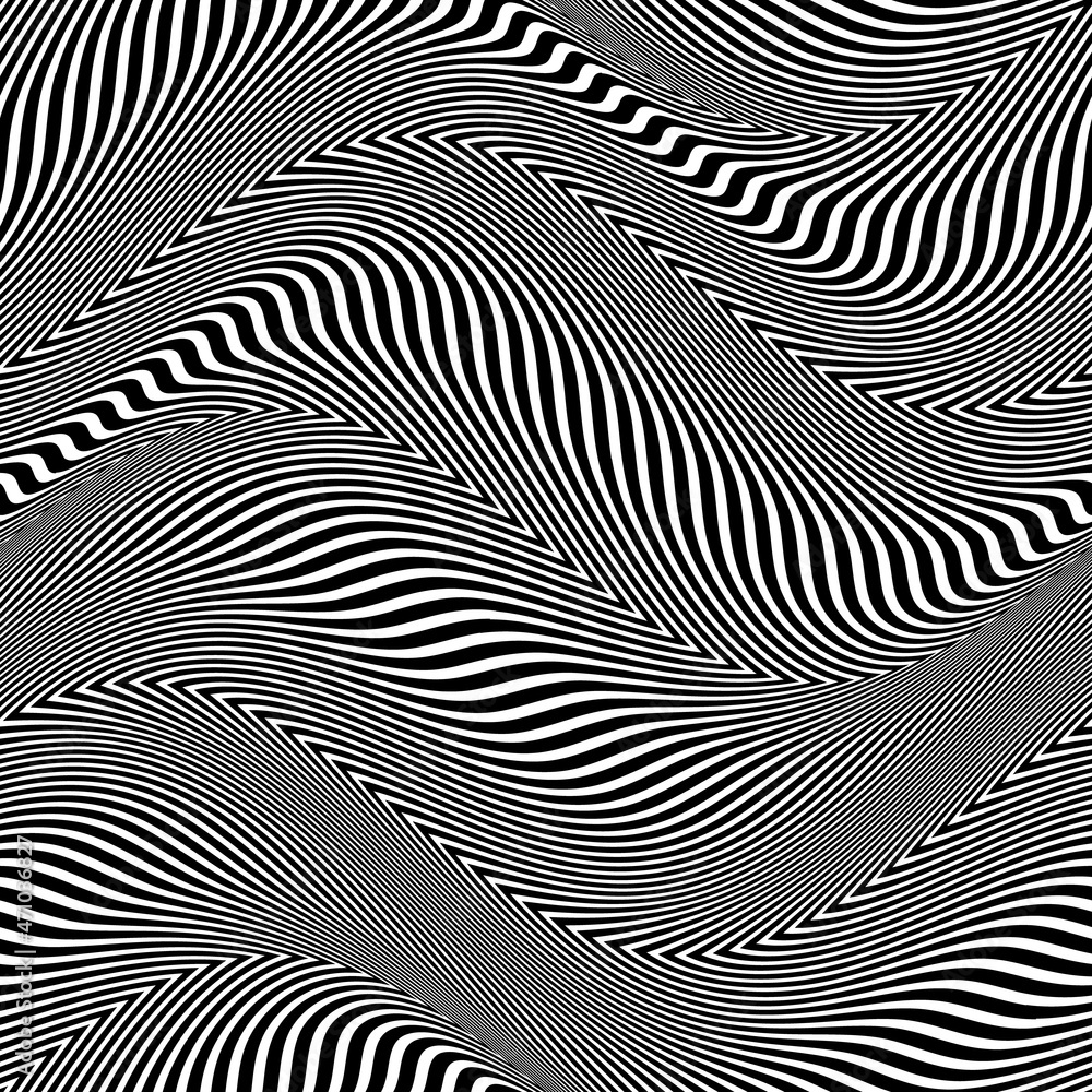 Optical art vector illustration of distorted black lines. Twisted striped background. Vibrant optical illusion. Tile of seamless pattern.