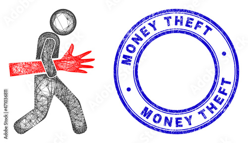 Carcass irregular mesh maneken hand robber icon, and Money Theft corroded round seal imitation. Abstract lines form maneken hand robber object. Blue seal contains Money Theft tag inside round form.