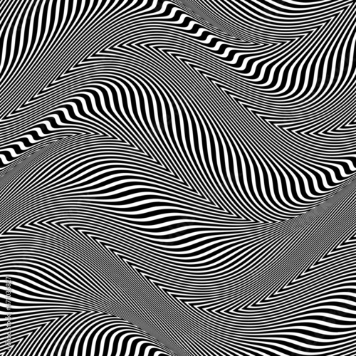 Optical art vector illustration of distorted black lines. Twisted striped background. Vibrant optical illusion. Tile of seamless pattern.