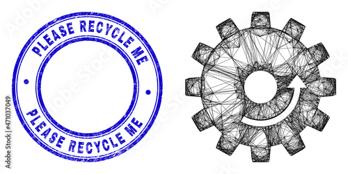 Network irregular mesh gear rotation icon with Please Recycle Me textured round seal print. Abstract lines form gear rotation object. Blue stamp seal includes Please Recycle Me text inside round form.