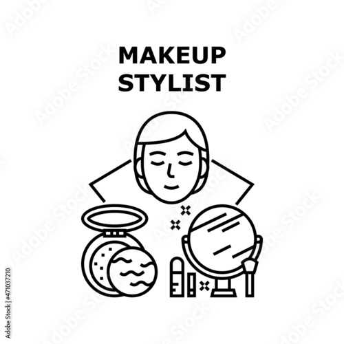 Makeup Stylist Vector Icon Concept. Makeup Stylist Treatment Client In Beauty Or Spa Salon, Mirror And Brush Cosmetology Accessories, Powder And Lipstick Cosmetic Black Illustration