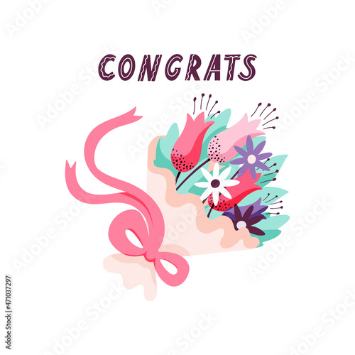 Congrats lettering with a bouquet of flowers and other floral decoration elements, isolated on white background. Vector illustration with the inscription Congratulations