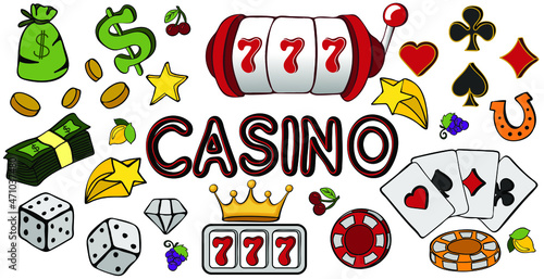Set of casino icons and symbols. Hand drawn doodle gambling entertainment design concept. Vector illustration.
