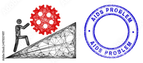Network irregular mesh man rolling virus up icon with AIDS Problem corroded round stamp. Abstract lines form man rolling virus up picture. Blue stamp seal has AIDS Problem tag inside round form.