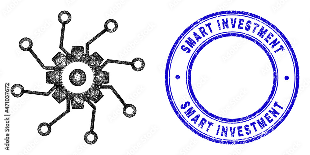 Fototapeta premium Network irregular mesh gear circuit links icon, and Smart Investment unclean round seal print. Abstract lines form gear circuit links picture. Blue seal has Smart Investment caption inside round form.