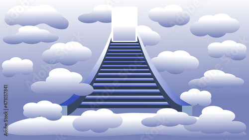 stairway to heaven. Vector illustration of the sky with clouds and a staircase that leads up to the door.
