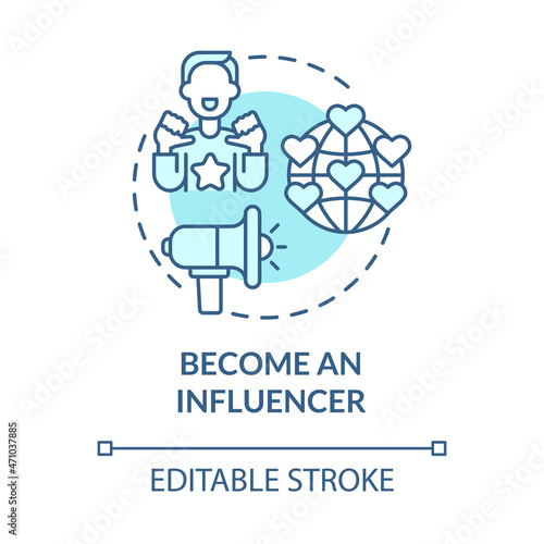 Become influencer blue concept icon. Way to make money online abstract idea thin line illustration. Popular internet personality. Vector isolated outline color drawing. Editable stroke