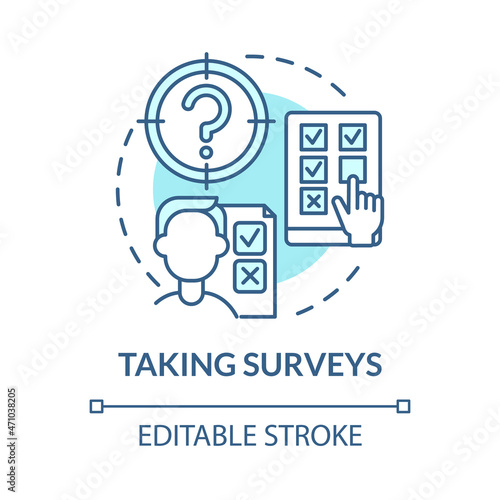 Taking surveys blue concept icon. Making money online approach abstract idea thin line illustration. Answering questions. Paid online surveys. Vector isolated outline color drawing. Editable stroke