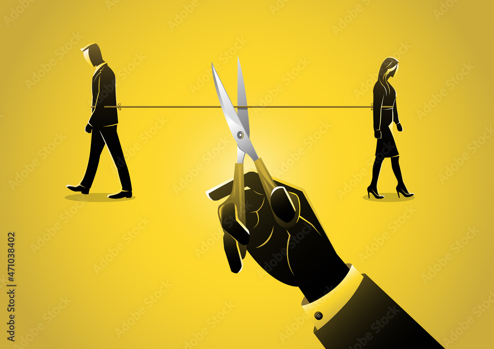 Hand Using Scissors Cut Rope Rip Apart Couple Troubles Man Woman With