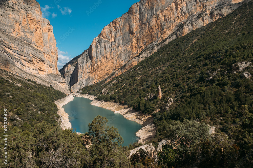 Beautiful landscape of gorge with lake and forest. Congost de Mont Rebei, Catalonia, Spain.