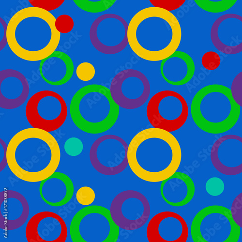 Seamless pattern of geometric shapes, circles of different sizes in bright rainbow colors. Vector background for textiles, print for clothes, wrapping paper