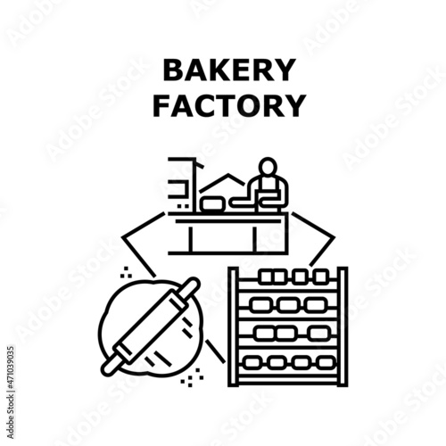 Bakery Factory Vector Icon Concept. Bakery Factory Worker Preparing Dough For Baking Pastry Cookies And Cakes, Work Man Controlling Quality On Conveyor Plant Equipment Black Illustration