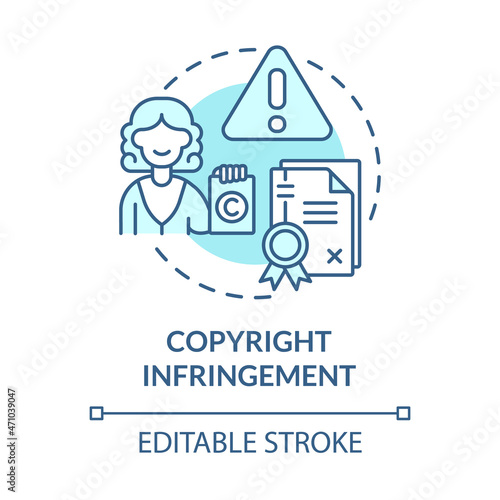 Copyright infringement blue concept icon. Online entrepreneurship risk abstract idea thin line illustration. Demonstrating ownership rights. Vector isolated outline color drawing. Editable stroke
