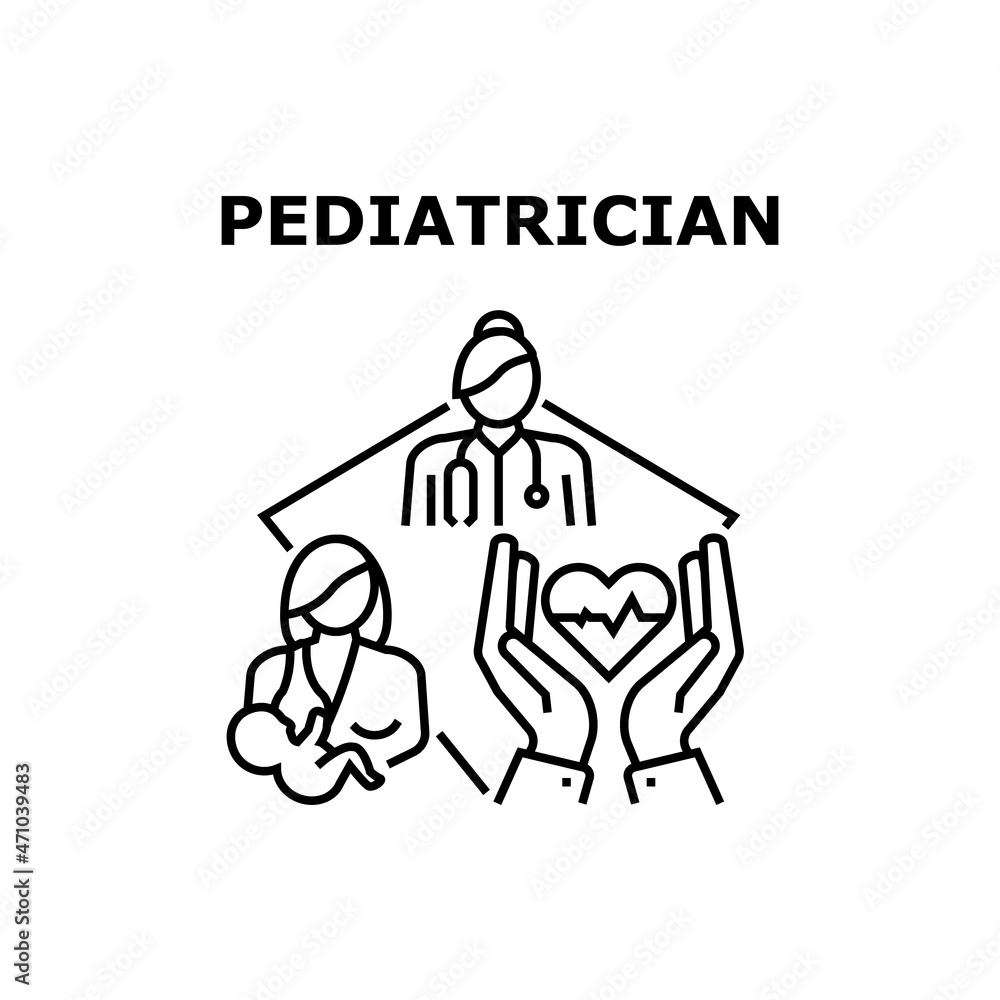 Pediatrician Vector Icon Concept. Pediatrician Doctor Female Consultation Young Mother And Examining Newborn Baby Health. Medicine Professional Analysis And Treatment Black Illustration