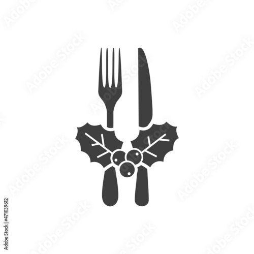 Logotipo con tenedor y cuchillo y hojas de acebo con bayas en color gris para su uso en invitaciones y tarjetas de felicitación