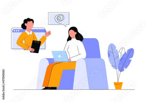Mental health concept. Psychologist helps young woman through laptop screen. Online therapy.