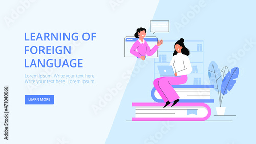 Banner young woman is studying a foreign language, sitting on books. Girl talking to teacher through laptop screen. Cartoon student character. Vector illustration. 