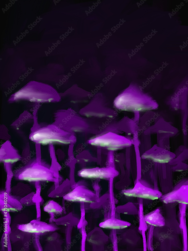 Fototapeta premium Psychedelic mushrooms poster, illustration. Hand drawn violet blurred fungus print. Ultraviolet toadstools design.