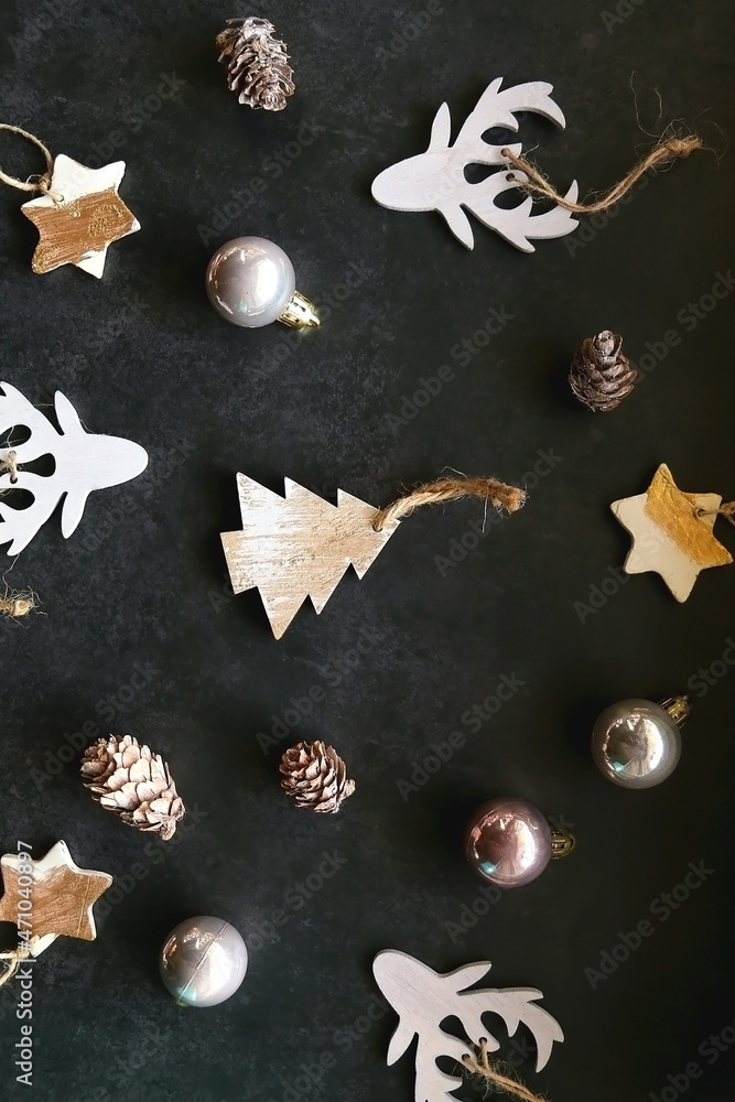 Various Christmas ornaments on dark background. Flat lay. Various Christmas ornaments on dark background. Flat lay.
