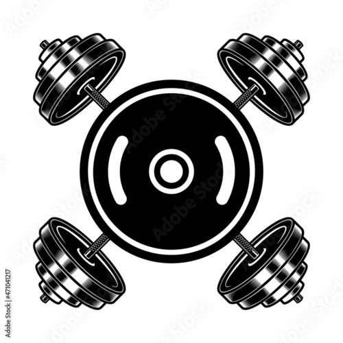 Illustration of crossed gym barbells in vintage monochrome style. Design element for logo, label, sign, emblem, poster. Vector illustration