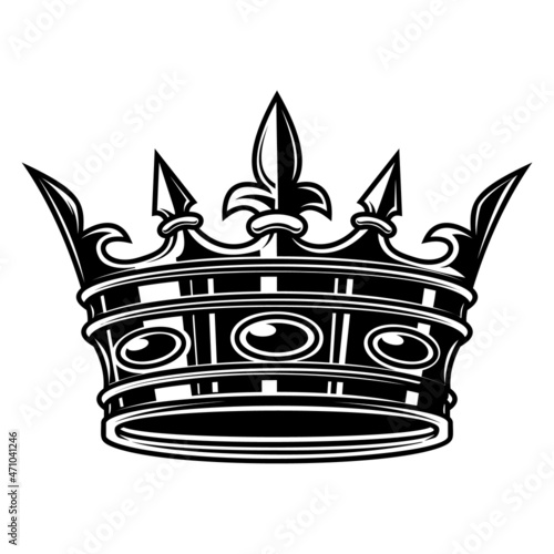 Illustration of king crown in monochrome style. Design element for logo, emblem, sign, poster, t shirt. Vector illustration