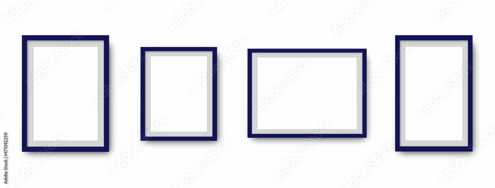 Photo frame on wall. Picture frame set. Blank pictures. Photo frame. Vector isolated picture frame mockup with shadow on transparent background. Poster frame mockup. Stock vector.	
