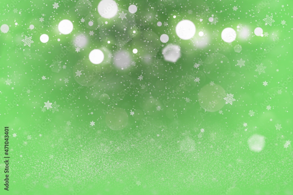 Obraz premium pretty bright glitter lights defocused bokeh abstract background with falling snow flakes fly, festival mockup texture with blank space for your content