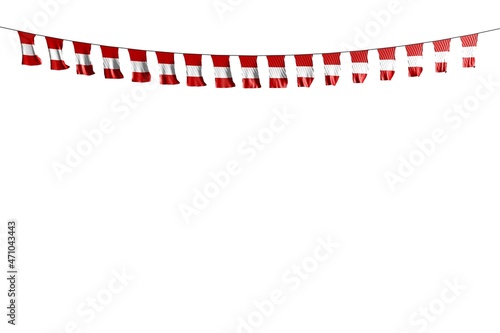 wonderful many Peru flags or banners hangs on string isolated on white - any feast flag 3d illustration..