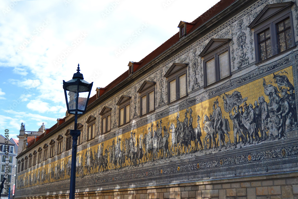 The Fürstenzug (Procession of Princes) in Dresden, Germany, is a large mural of a mounted procession of the rulers of Saxony. А mural is located on the outer wall of Dresden Castle. Germany.