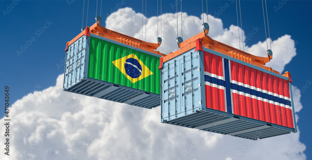 Freight containers with Brazil and Norway national flags. 3D Rendering 