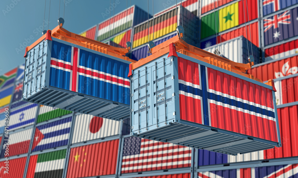 Freight containers with Iceland and Norway national flags. 3D Rendering 