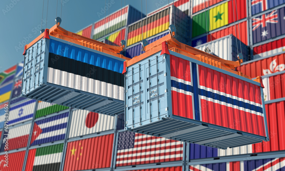 Freight containers with Estonia and Norway national flags. 3D Rendering 