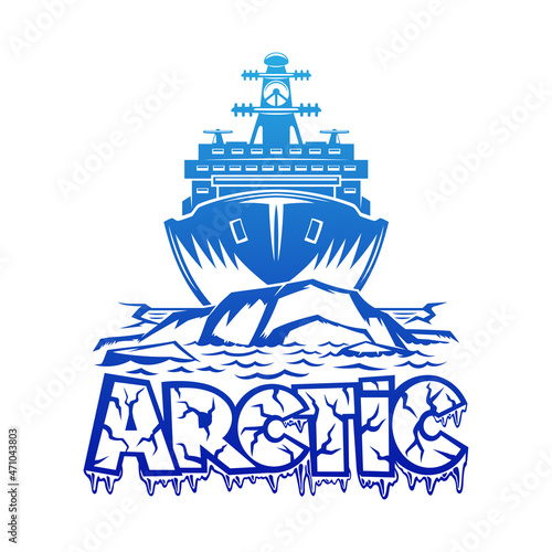 Icebreaker ship and ice floes in the Arctic on a white background.