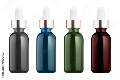 Realistic glass dropper bottles set. Cosmetic organic aroma oil vial, anti-aging essential. Collagen serum flask. Natural liquid beauty treatment product template, health medicine