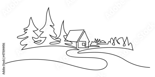 Rural landscape in continuous line art drawing style. Country road going to village house in spruce forest black linear sketch isolated on white background. Vector illustration