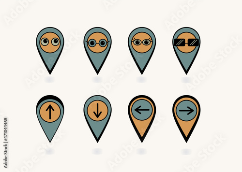 Set of vector pins with location icons. Colored pointers for route markers. For applications, video, printing. Directions, arrows up, down, left, right, glasses, eyes.