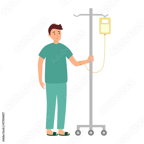 Male patient holding a drip stand concept vector illustration on white background.