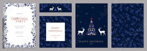 Corporate Holiday cards with ornate Christmas tree, reindeers, bird, decorative floral frames, background and copy space. Universal artistic templates.