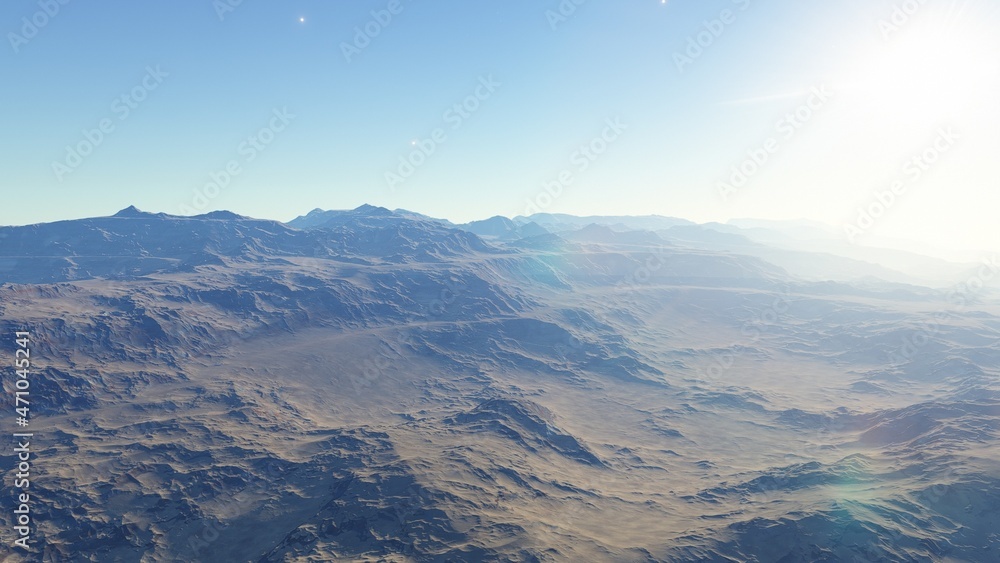 beautiful view from an exoplanet, a view from an alien planet, a computer-generated surface, a fantastic view of an unknown world, a fantasy world 3D render