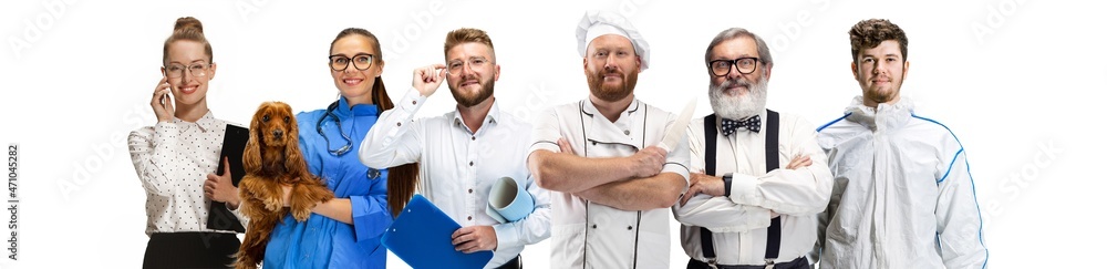 Φωτογραφία Horizontal flyer with of mixed-age men in image of cook, professor, vet doctor, decorator standing together isolated on white studio background