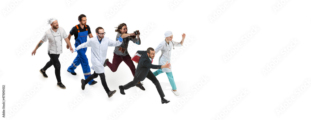 Hurry up. Group of mixed-age men and woman with different professions running isolated on white studio background, Horizontal flyer, collage