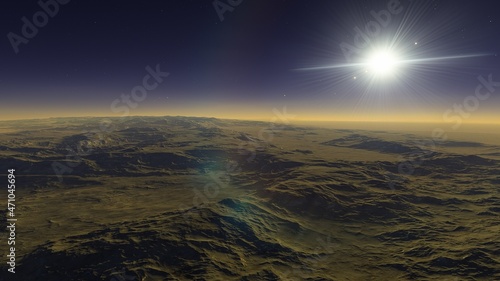 beautiful view from an exoplanet, a view from an alien planet, a computer-generated surface, a fantastic view of an unknown world, a fantasy world 3D render