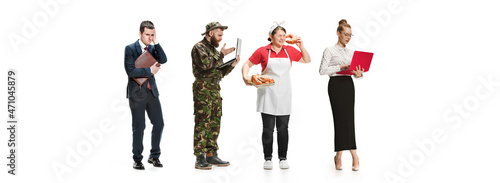 Group of people with different professions standing isolated on white studio background, Horizontal flyer, collage. photo