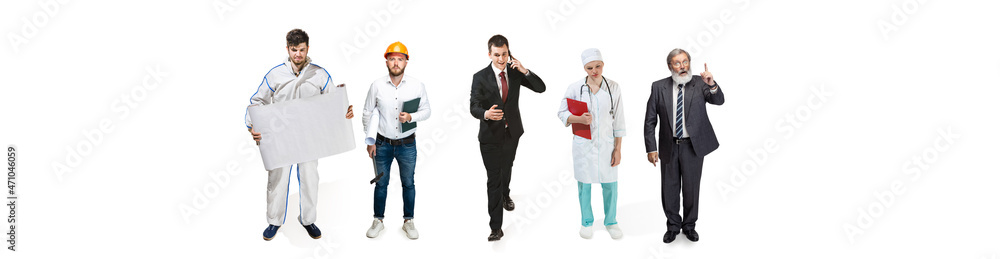 Group of people with different professions standing isolated on white studio background, Horizontal flyer, collage. Group of people with different professions standing isolated on white studio background, Horizontal flyer, collage.