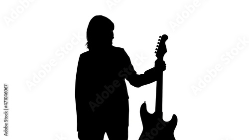 Woman's silhouette with bass guitar on isolated white background