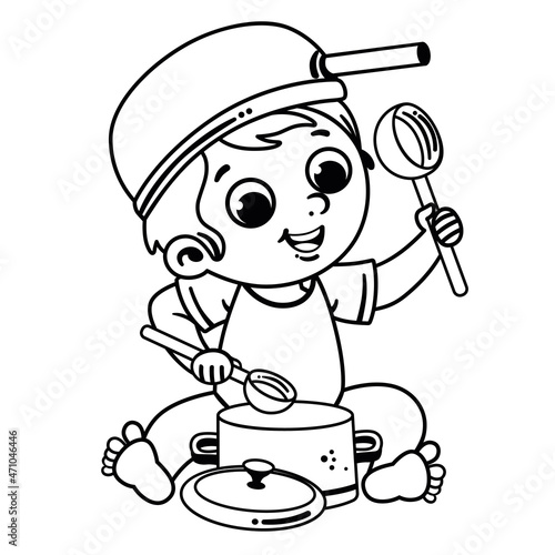 Black and white vector illustration of little boy hit the pots with spoons like a drum.