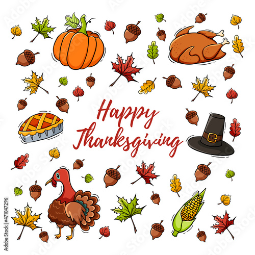 Hand drawn icon set of 
Thanksgiving Day things in doodle style. Thanksgiving Day doodles. Vector illustration.